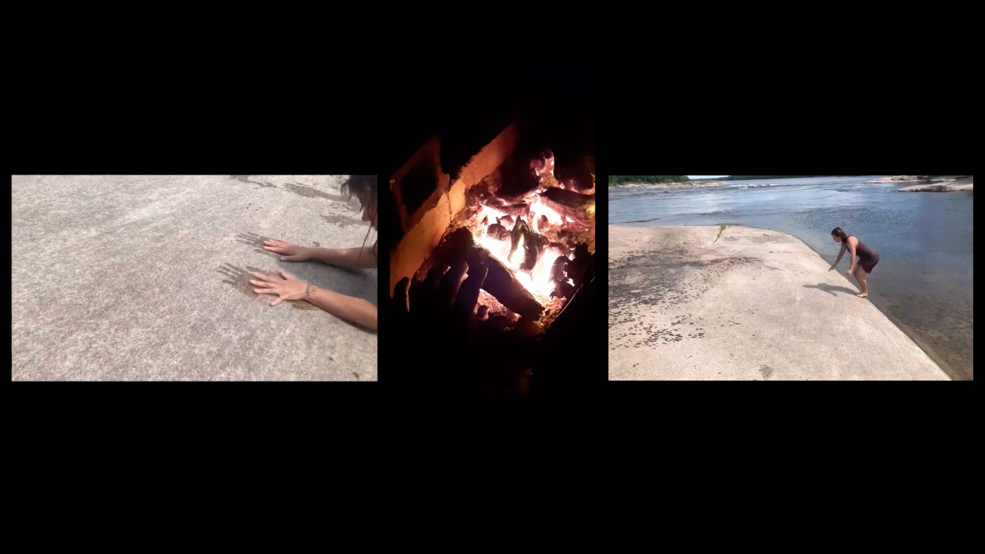 Three images on a black background. On the left there are two wet hand on rock, the middle image is of a fire, the last image is a woman walking out of the water.