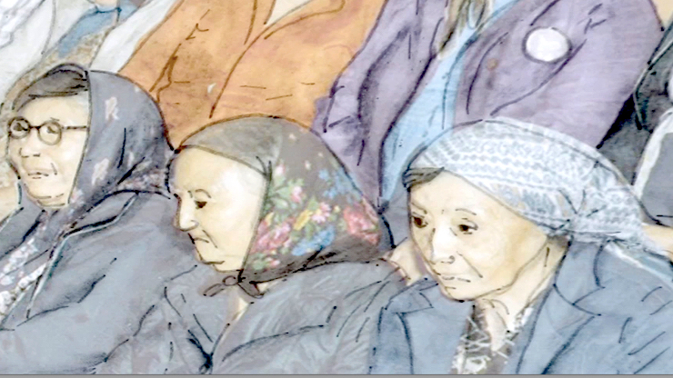 Drawing of 3 older women sitting together in a crowd.
